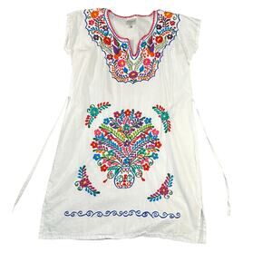 Solei Dress Womens Medium White Floral Boho Embroidered Kimono Mini Waist Tie